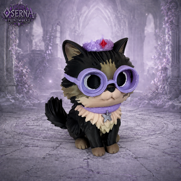 Side view of a 3D printed crowned cat collectible with purple glasses