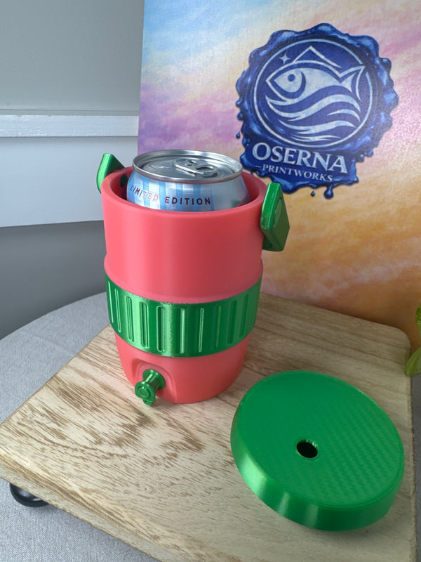 3D printed watermelon can holder with textured grip and removable lid