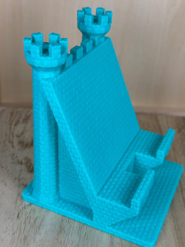 Castle-style 3D printed phone holder shown from an alternate angle