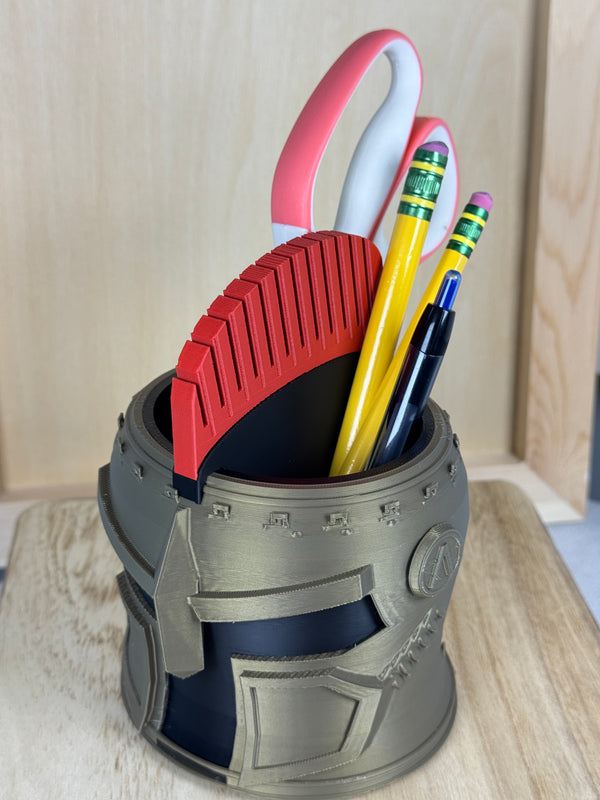 Spartan helmet desk organizer shown from an alternate angle