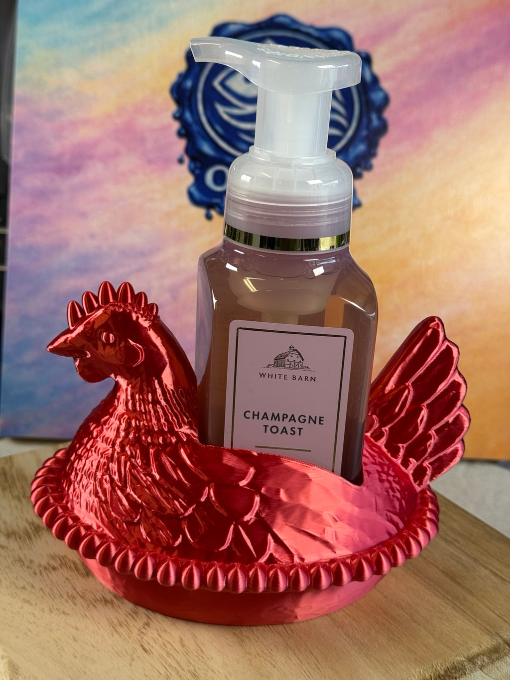 Ruby red Hen on a Nest holder with compatible Bath & Body Works foaming soap bottle; soap not included