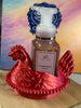 Ruby red Hen on a Nest holder with compatible Bath & Body Works foaming soap bottle; soap not included